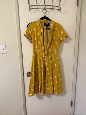 Yellow Polka Dot Short Sleeve Belted Dress